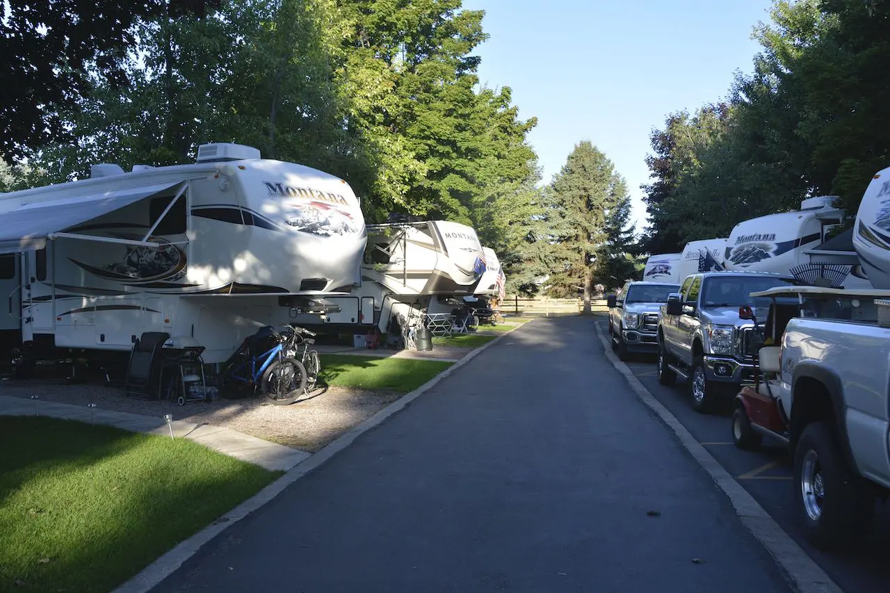 Parked RVs and trucks